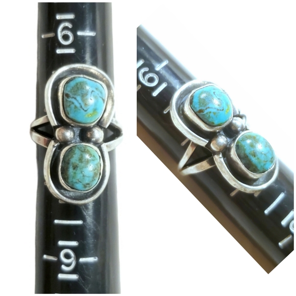 Vtg Navajo Double Nugget Turquoise Statement Ring 925 Sterling Silver Sz 7 - Picture 3 of 16